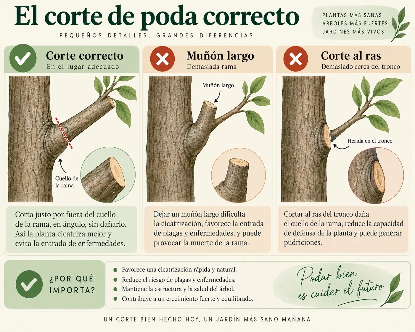 Esquema didáctico de un corte correcto de poda cerca de una yema o brote lateral