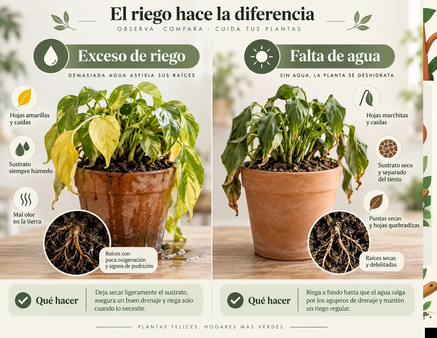 Comparación visual entre síntomas de exceso de riego y falta de agua