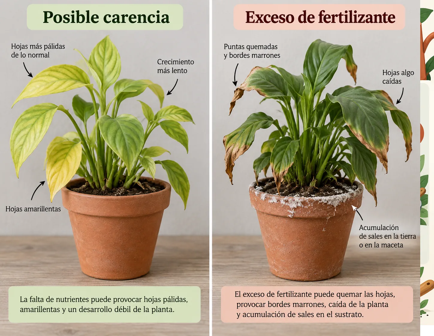 Comparación entre una planta con posible carencia nutricional y otra afectada por exceso de fertilizante