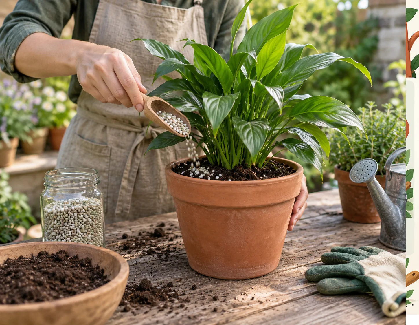Aplicación de fertilizante junto a una planta joven