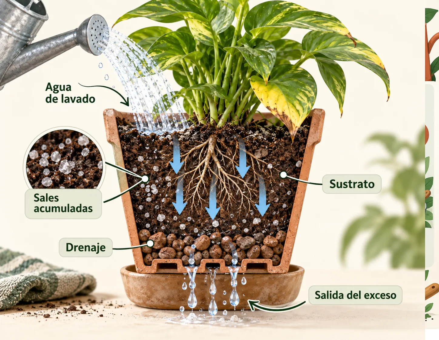 Esquema del lavado de sales acumuladas en una maceta con buen drenaje