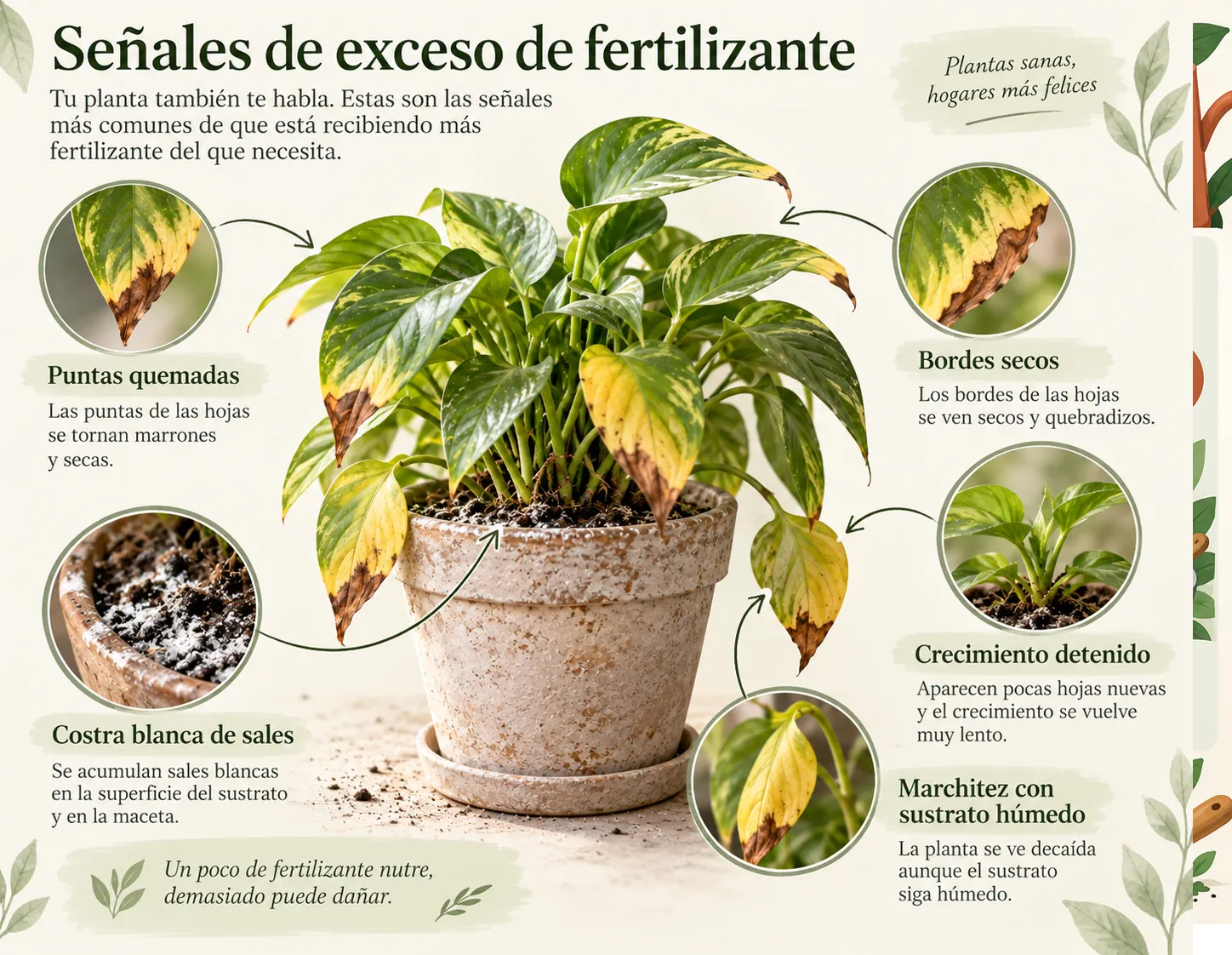 Síntomas frecuentes de exceso de fertilizante: puntas secas, depósitos de sales y crecimiento débil