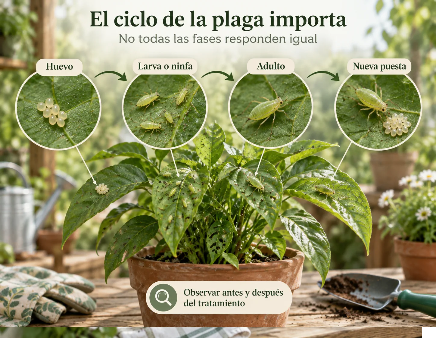 Esquema del ciclo de una plaga con huevos, fases juveniles y adultos