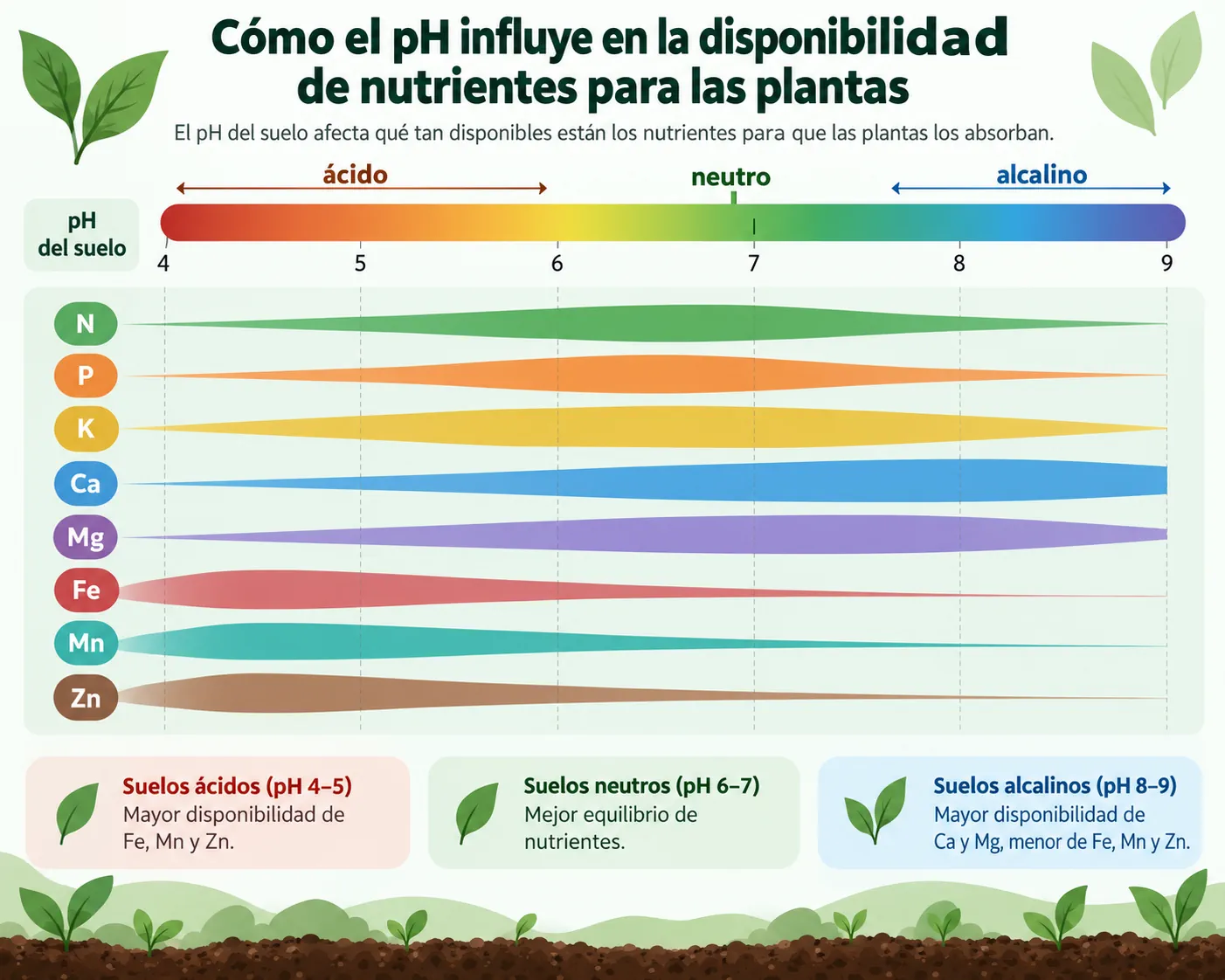 Esquema didáctico sobre la influencia del pH en la disponibilidad de nutrientes para las plantas