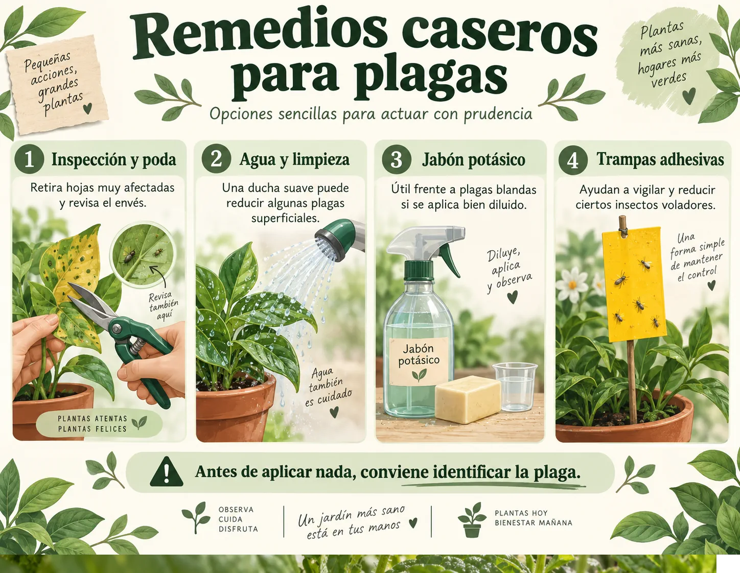 Métodos sencillos para reducir plagas en plantas: inspección, limpieza, jabón potásico y trampas