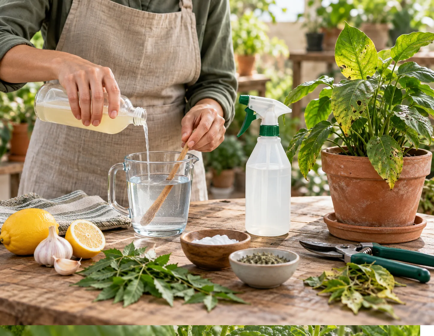 Preparación de un remedio casero para cuidar una planta afectada por plagas