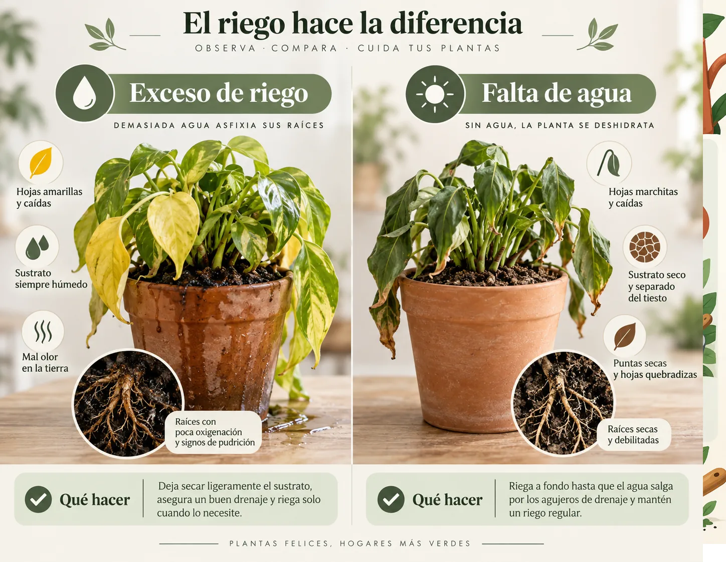Comparación entre síntomas de exceso de riego y falta de agua en plantas