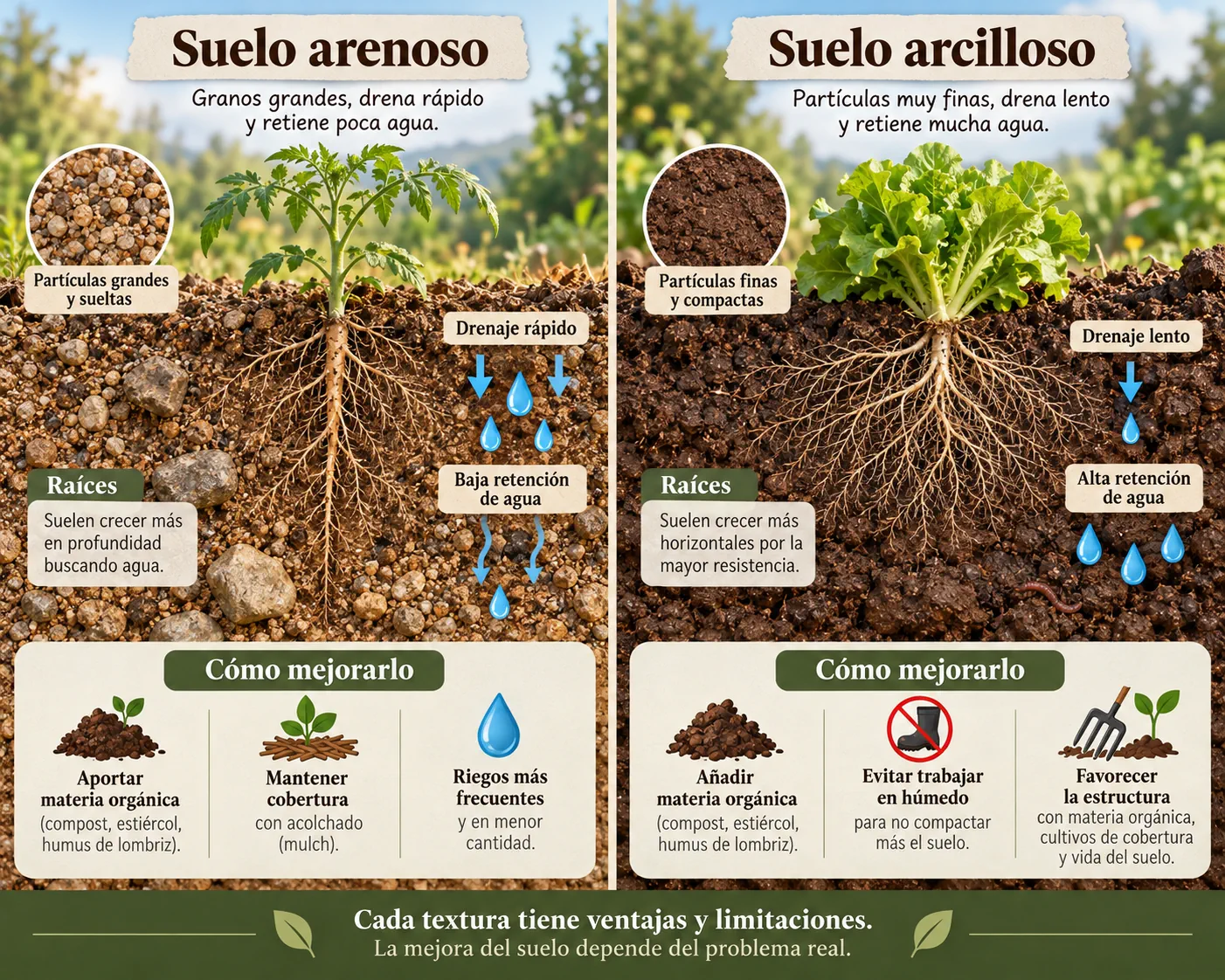 Comparación entre un suelo arenoso, uno arcilloso y las estrategias básicas para mejorar cada uno