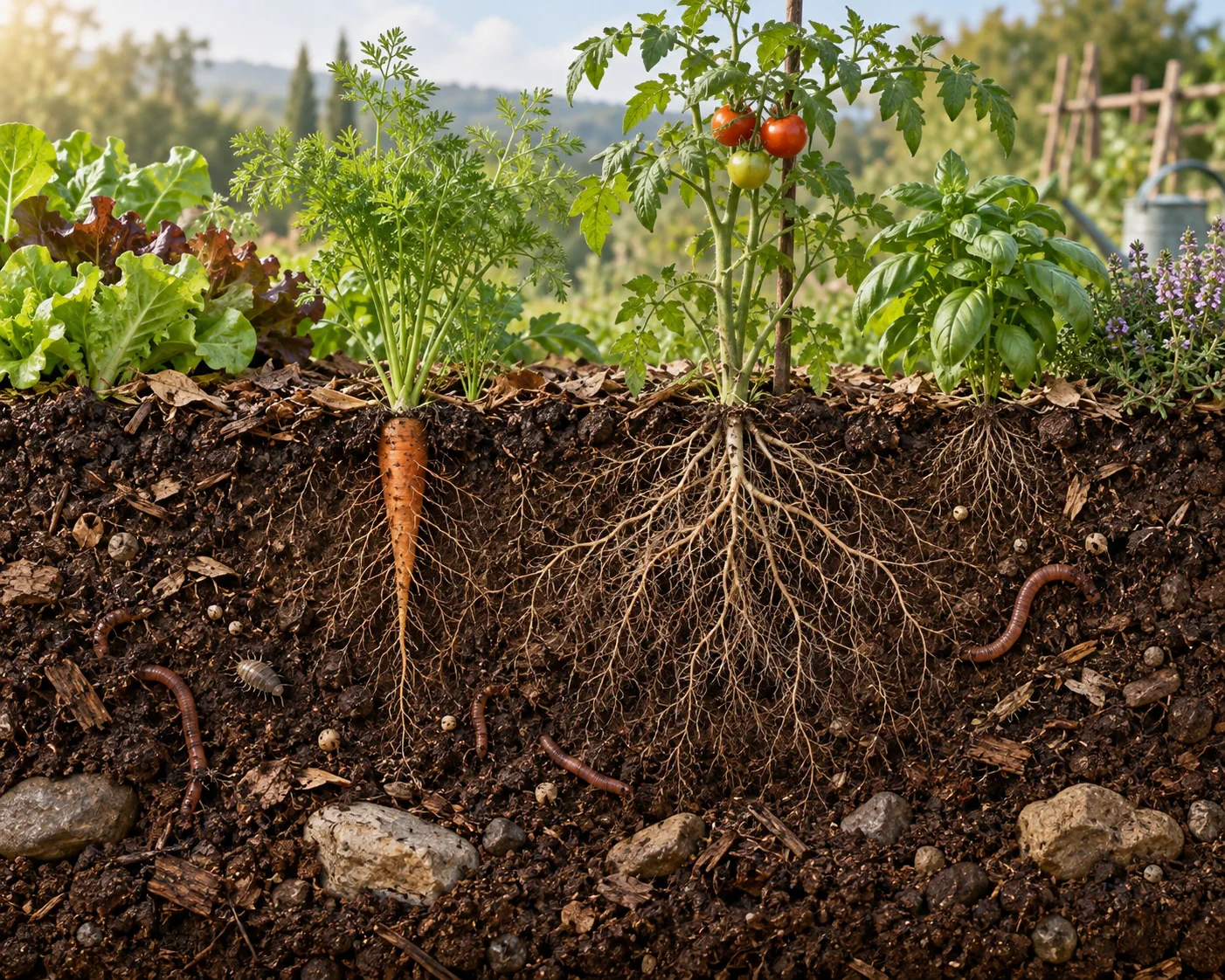 Suelo de jardín fértil con raíces, materia orgánica y estructura visible